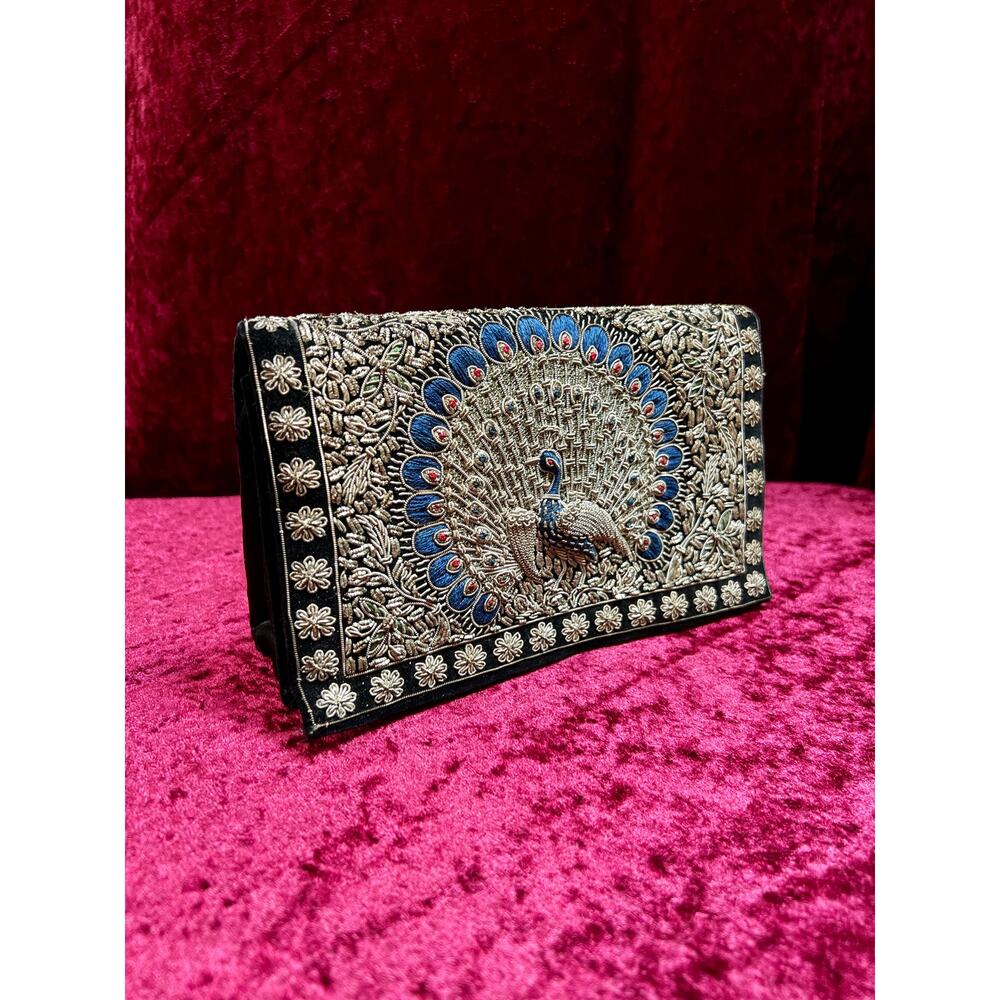 Vintage Double Sided Velvet Evening Clutch – Embroidered Peacock - Zardozi